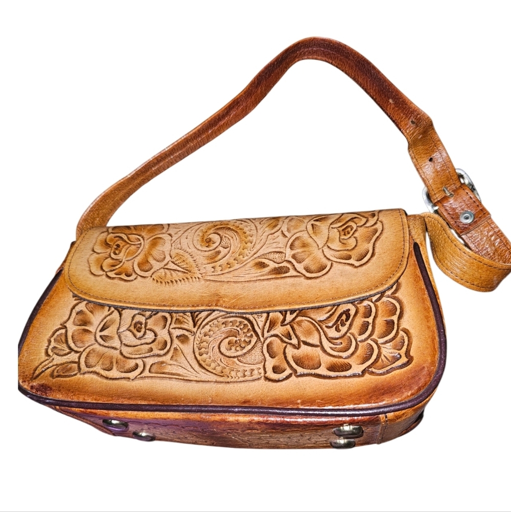 💰Elegant Tan Leather Made In Mexico Floral Embossed Women's Bag